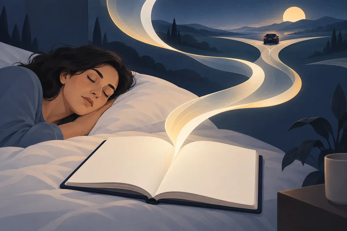 Sleeping person with an open dream journal and a symbolic road leading toward a car at a quiet fork