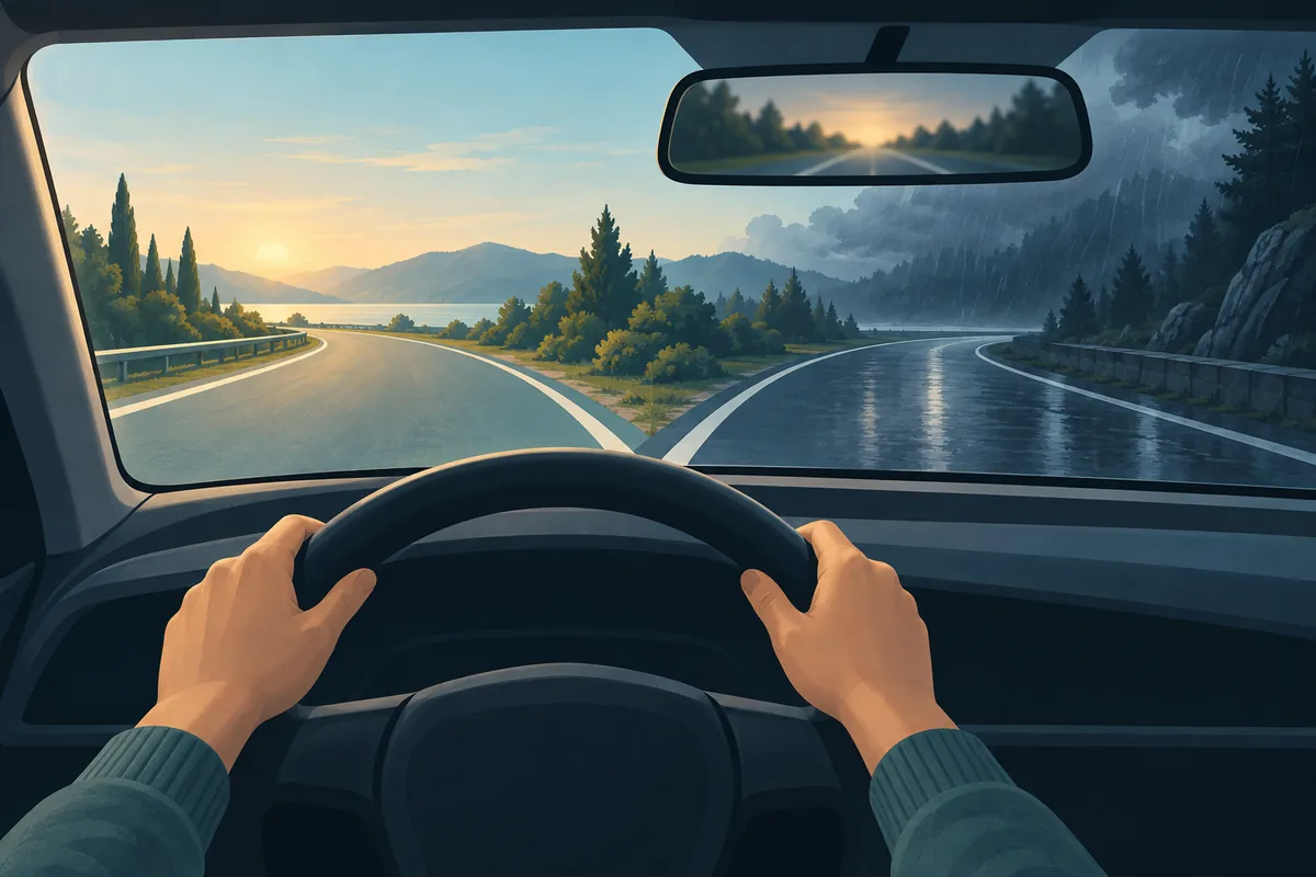 Editorial illustration of a driver choosing between a bright road and a rain-darkened road