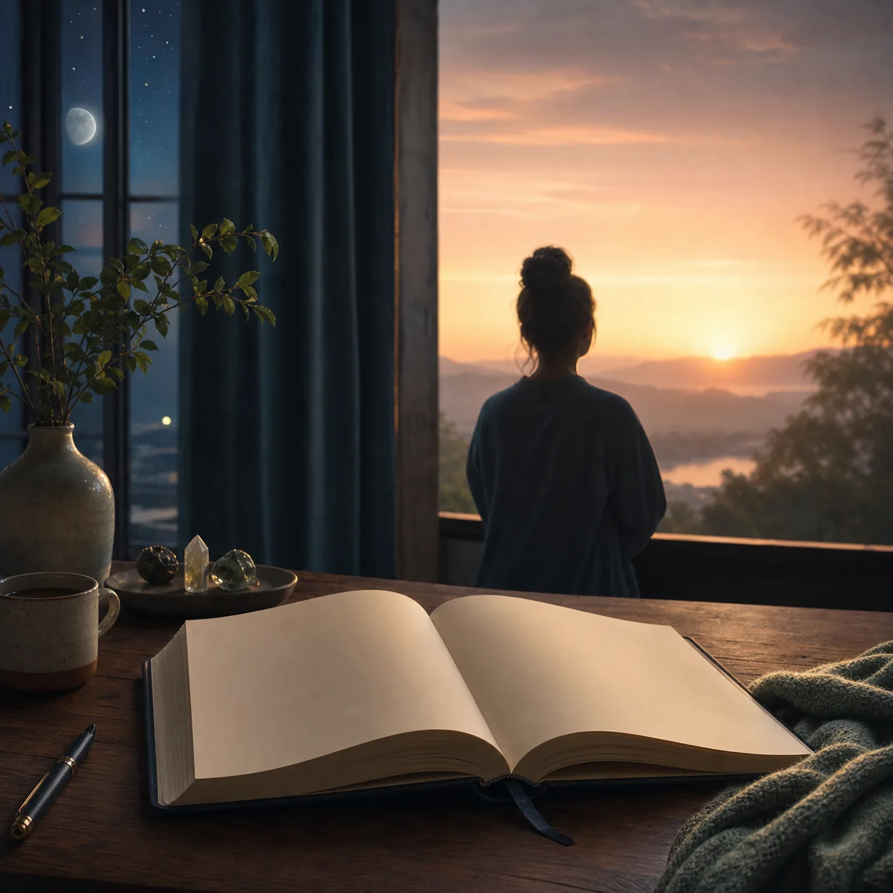 Open dream journal beside a sunrise window for reflecting on death dream meaning
