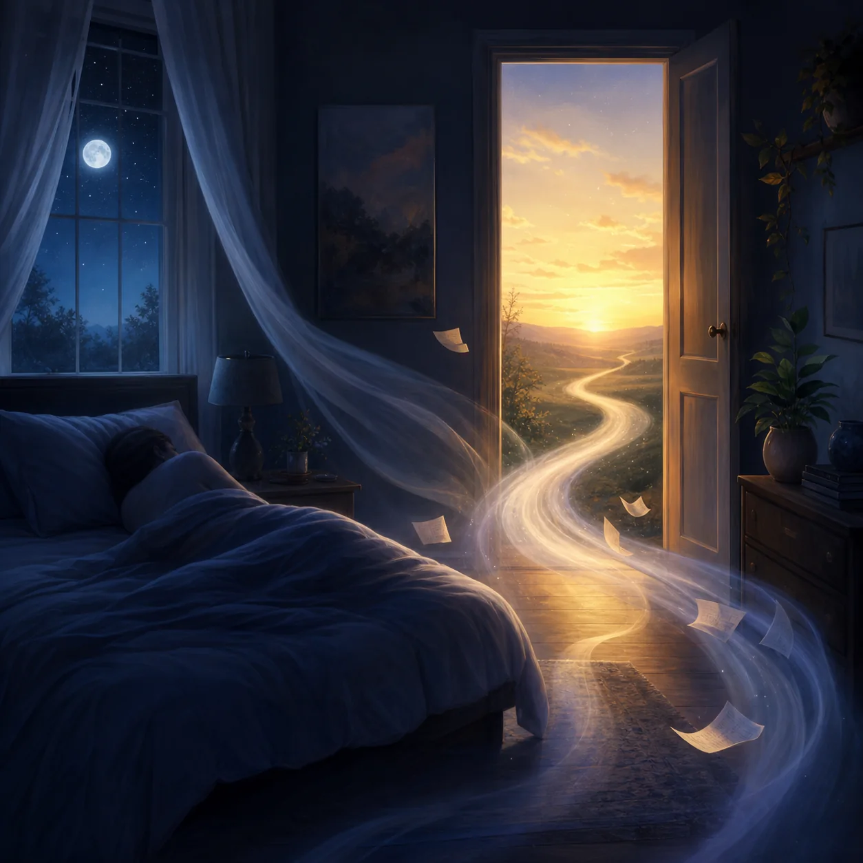 Moonlit bedroom opening toward a sunrise path, symbolizing change in a death dream