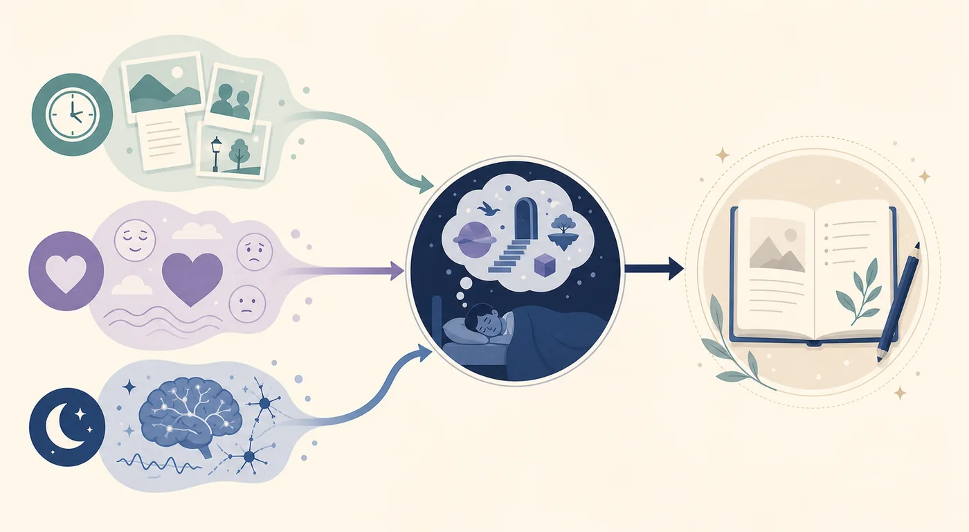 Editorial diagram showing memories, emotions, and sleep activity flowing into a dream and reflection journal