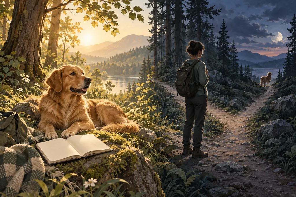 Cena editorial comparando um cachorro calmo junto a um diário com outro atento em uma trilha