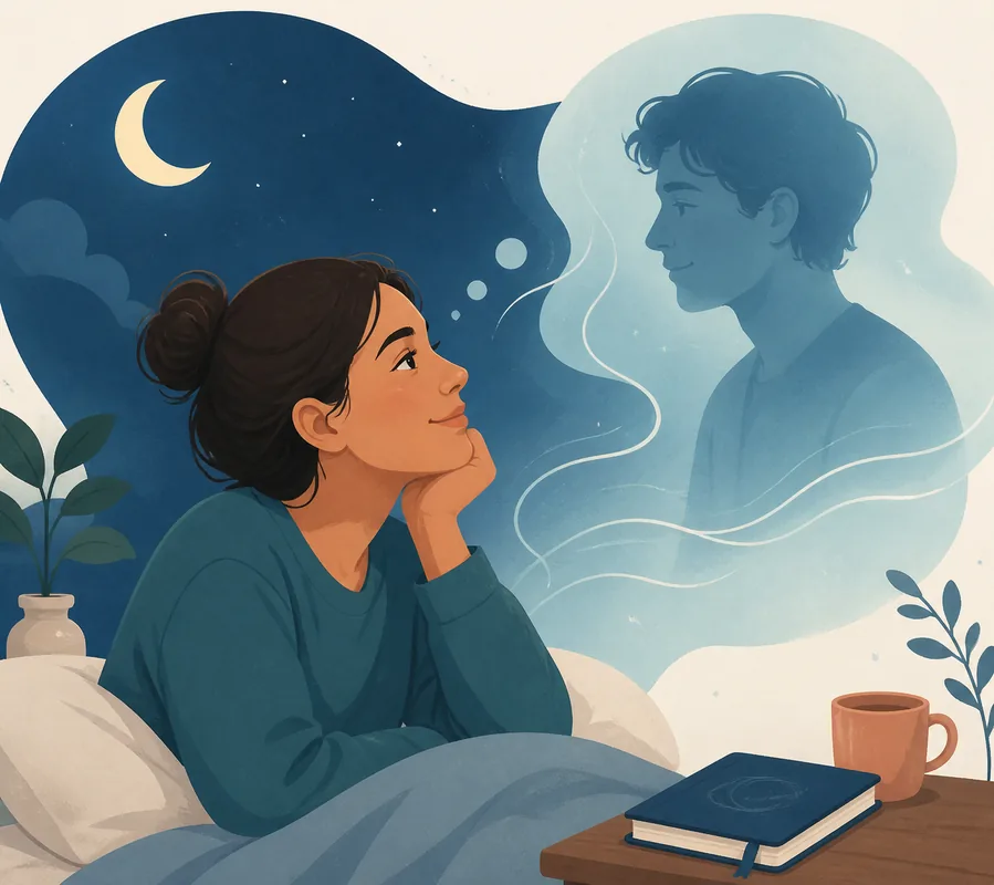 Calm editorial illustration of a dreamer reflecting on a person who appeared in a dream