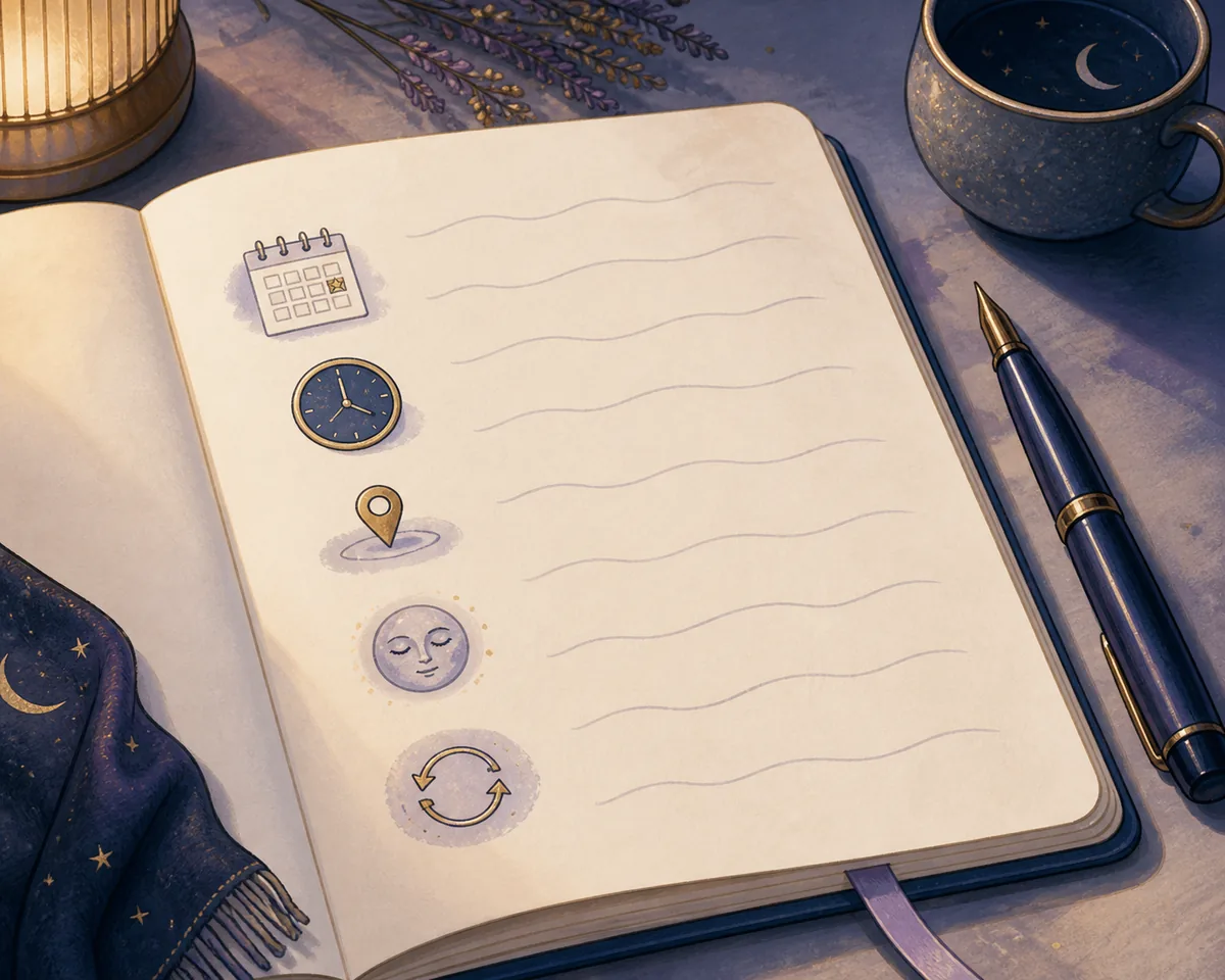 Editorial dream journal template illustration with calendar, clock, location, emotion, and repeat cues