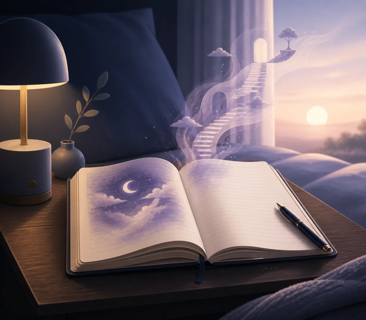 Open dream journal beside a bedside lamp at dawn with a soft dream scene fading into morning light