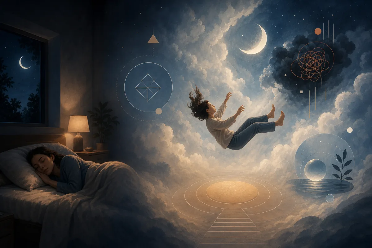 Illustration éditoriale d'une personne calme qui tombe dans des nuages au clair de lune