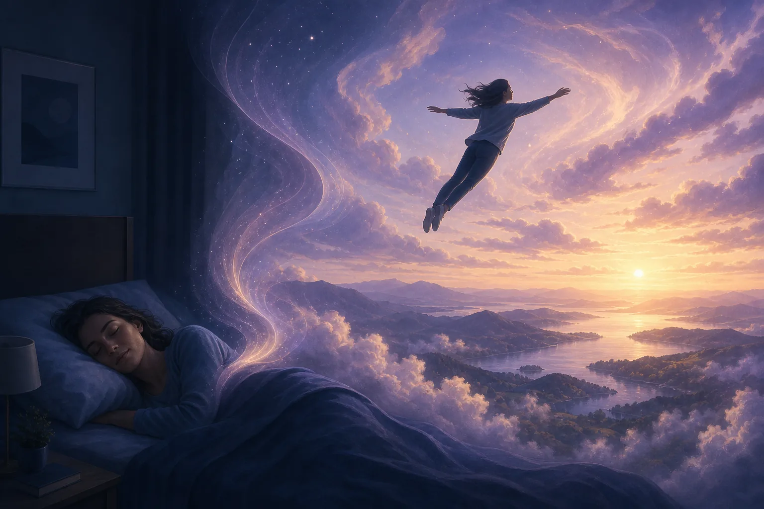 Persona dormida que sueña que vuela libre sobre las nubes y un paisaje al amanecer