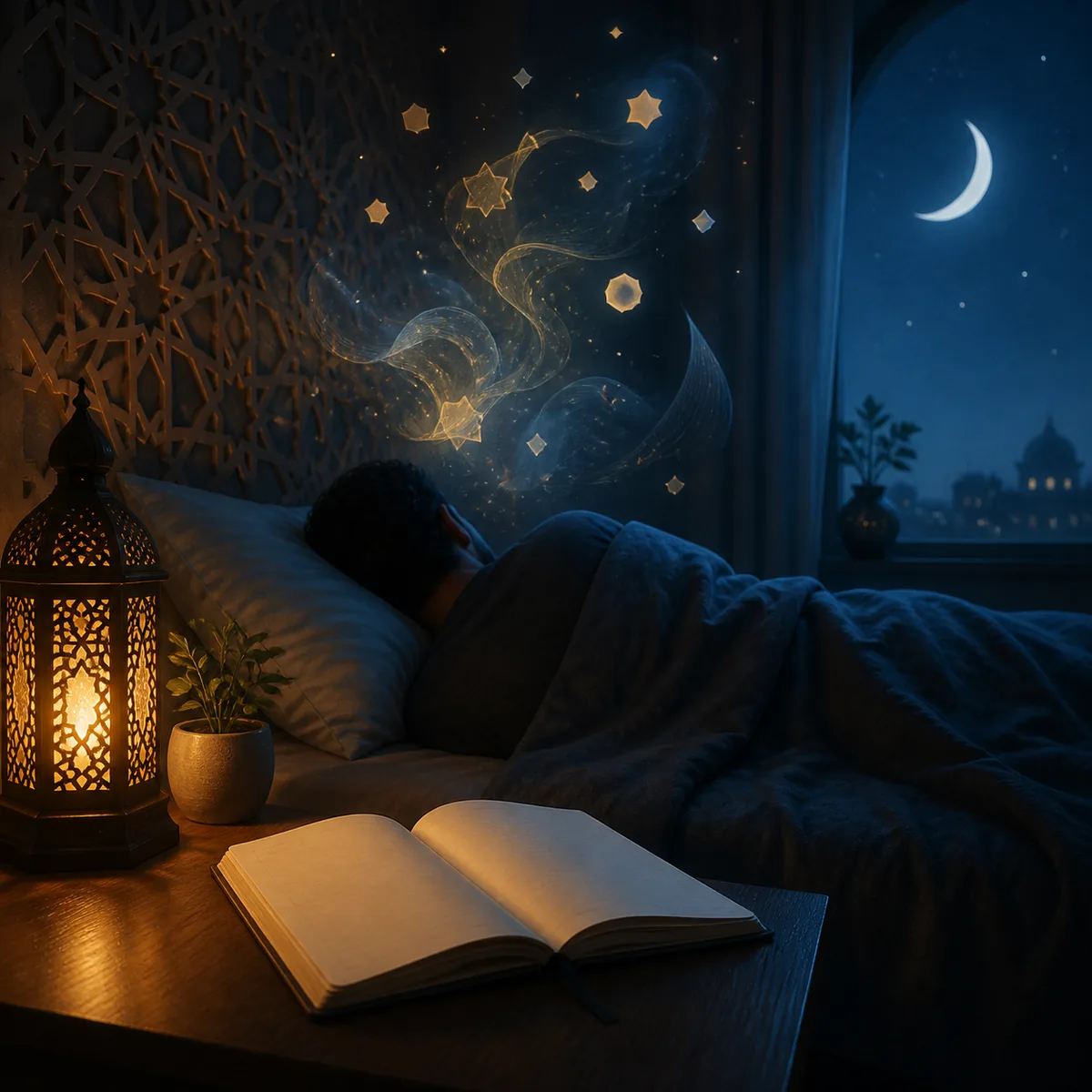 Calm nighttime bedroom with an open dream journal and abstract dream symbols