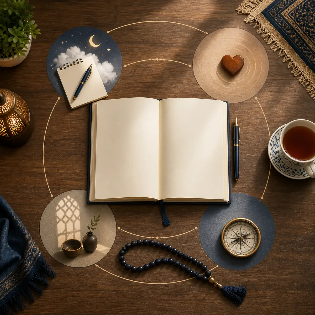 Open journal, prayer beads, tea, and compass arranged as a calm dream reflection framework