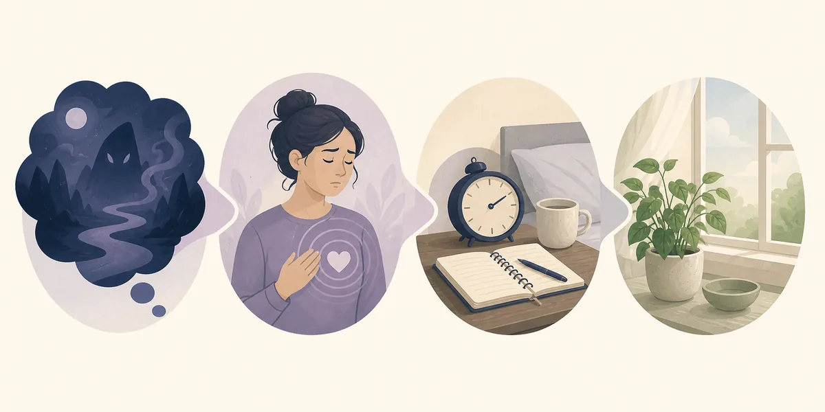Editorial illustration showing a nightmare, emotion, dream journal, and calm morning reflection