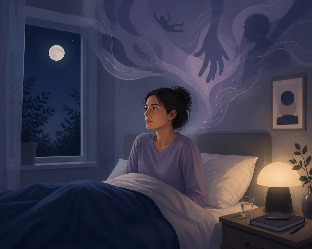Person waking in a moonlit bedroom after a nightmare with abstract dream shapes fading away