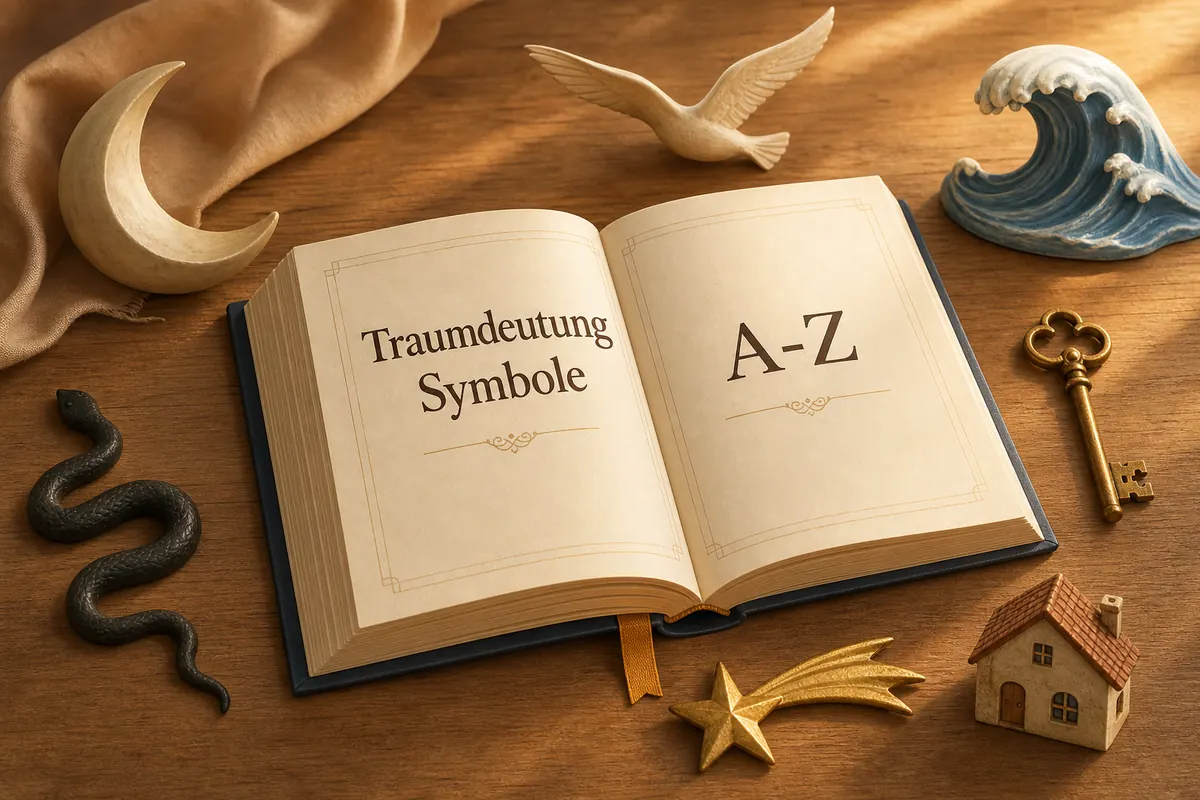 A-Z dream symbols dictionary with moon, water, bird, house, key, and snake symbols