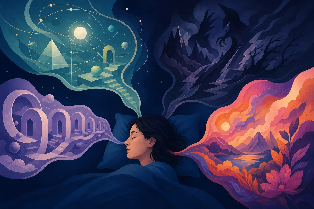 Persona addormentata circondata da quattro percorsi onirici che rappresentano diversi tipi di sogni