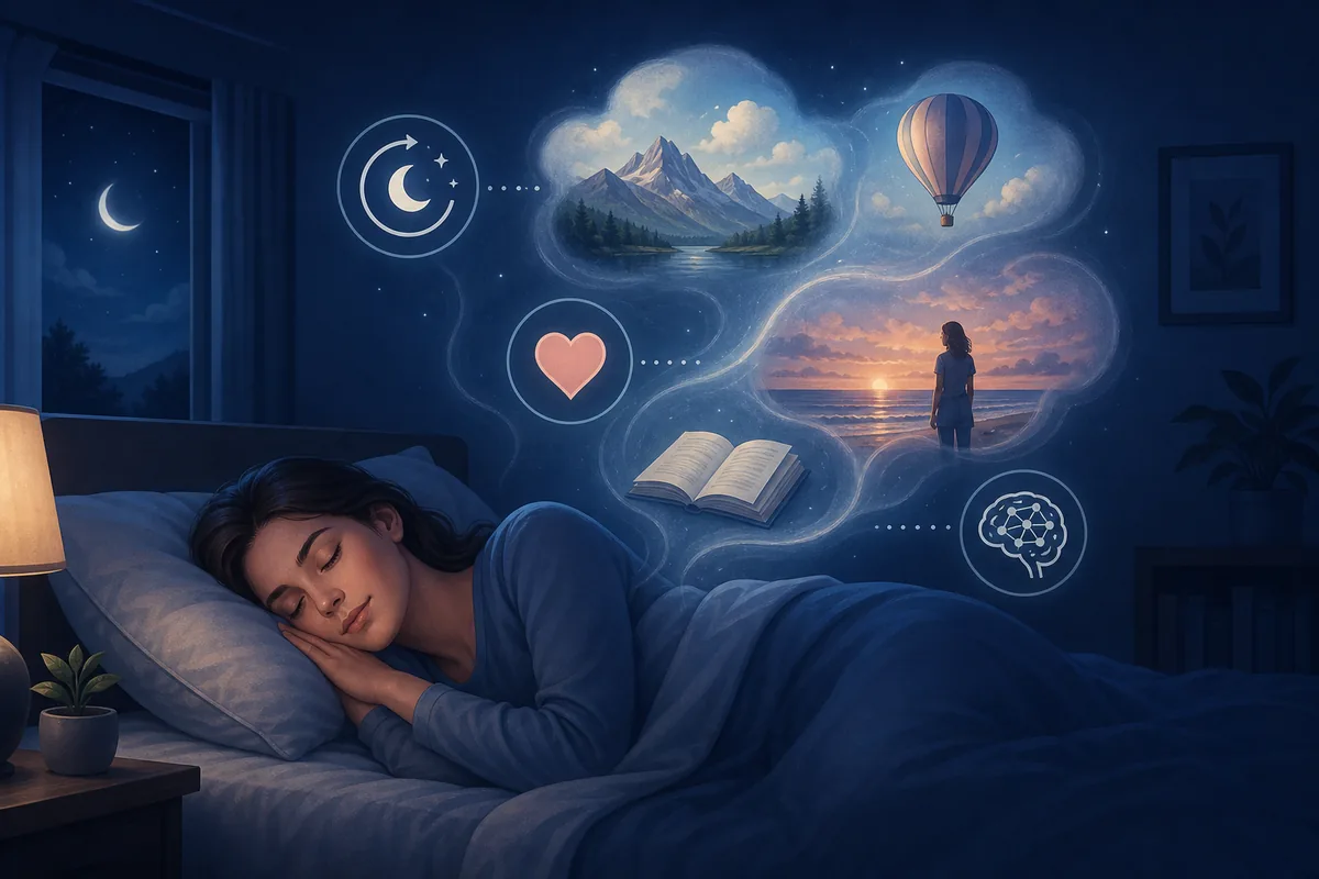 Calm illustration of a sleeping person with vivid dream fragments and sleep cycle icons
