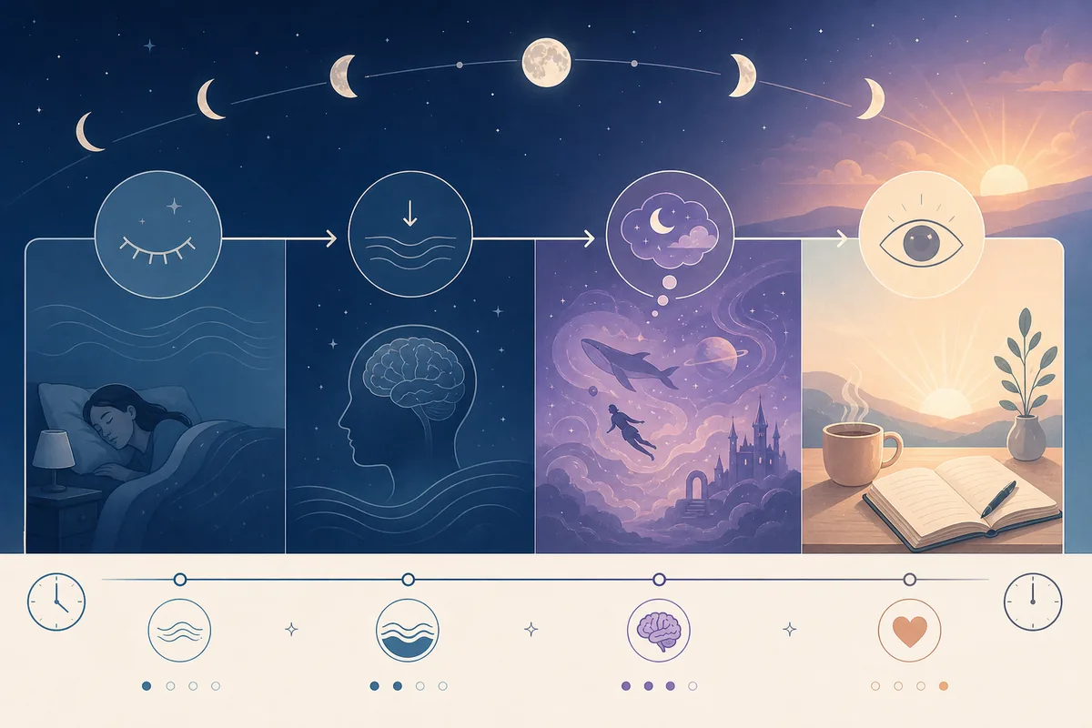 Editorial timeline of sleep stages, vivid dream recall, and morning reflection